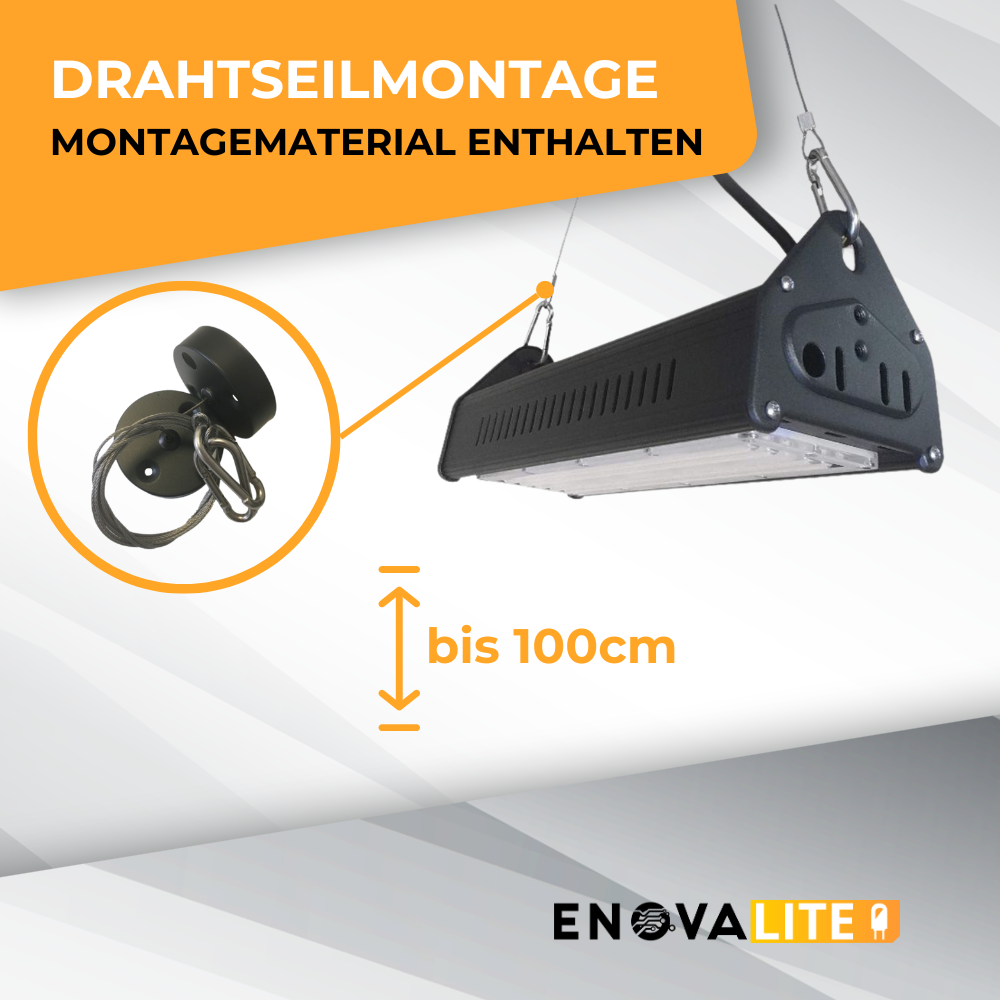 LED-Hallenleuchte, linear, 50 W, 6000 lm, 5000 K (neutralweiß), IP65, ENEC-Zertifizierung, schwarz.