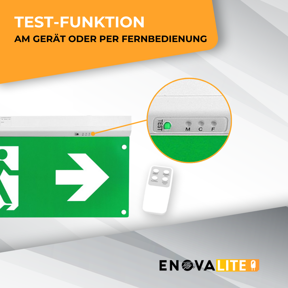 LED-Fluchtwegleuchte 4in1 mit Fernbedienung, Notausgang mit Notstromeinheit, TEST-Funktion, Decken- und Wandmontage.
