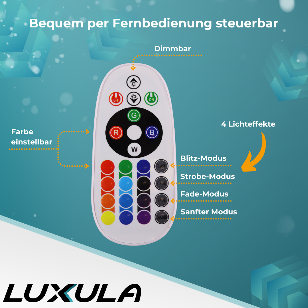 RGB LED-Fluter, 100 W, schwarz, IP65, mit Fernbedienung, RGBW-Farbwechsel.