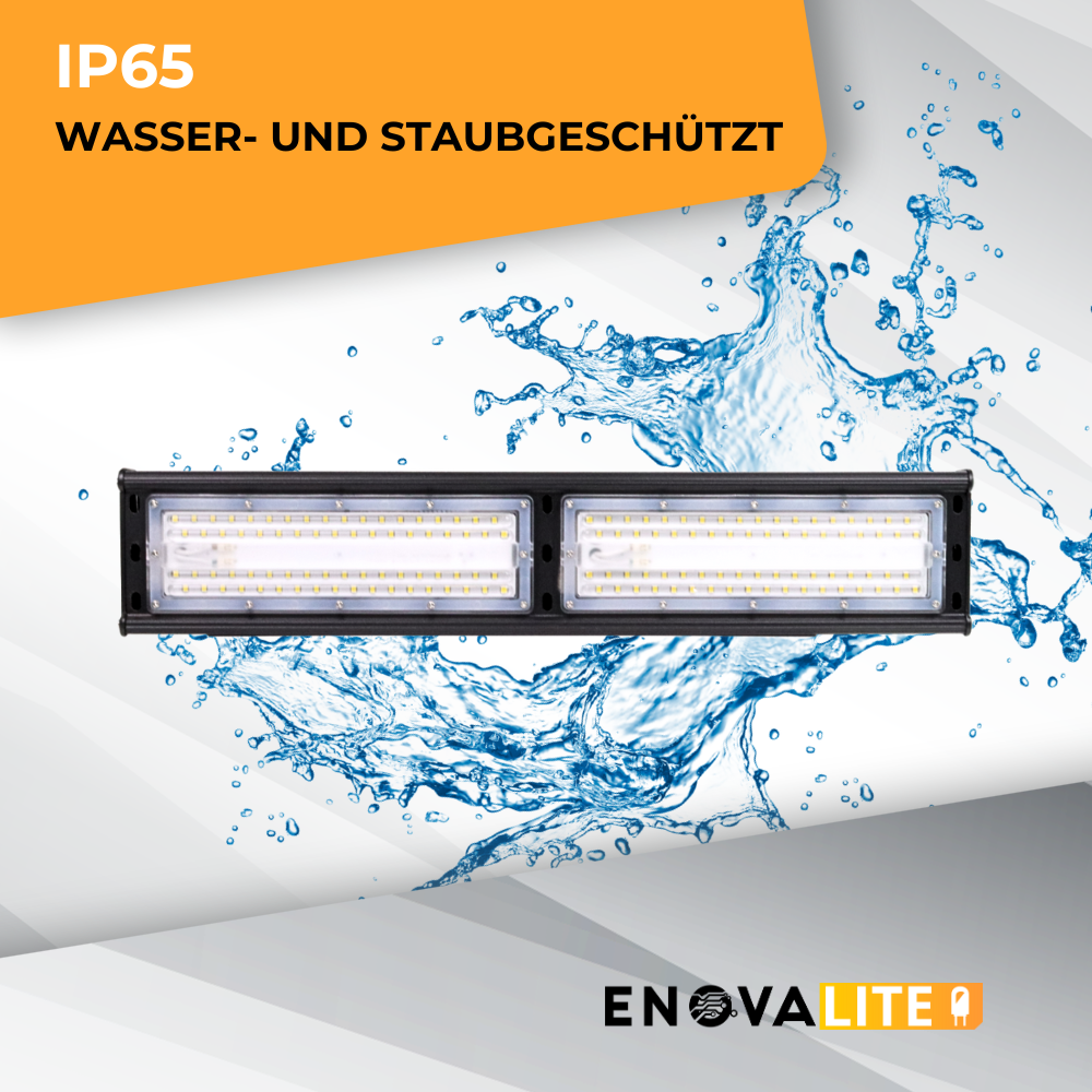 LED-Hallenleuchte, linear, 100 W, 12000 lm, 5000 K (neutralweiß), IP65, ENEC-Zertifizierung, schwarz.