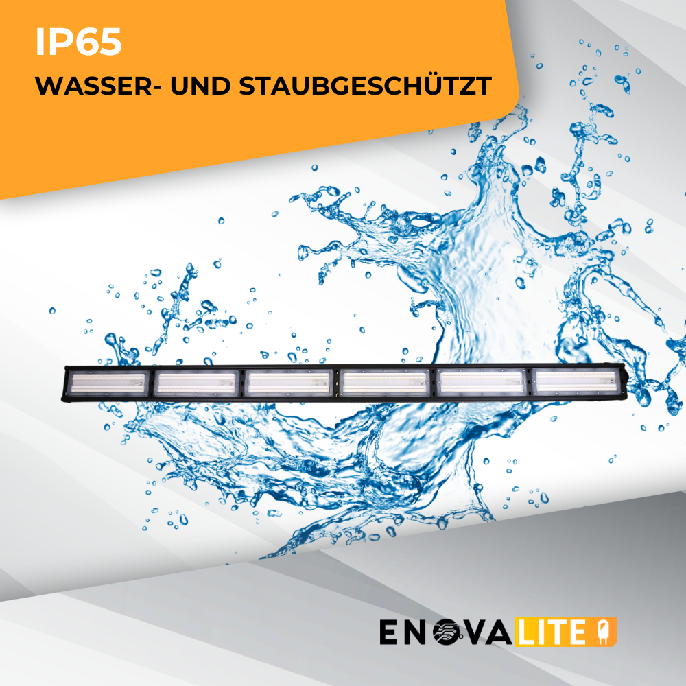 LED-Hallenleuchte, linear, 300 W, 36000 lm, 5000 K (neutralweiß), IP65, ENEC-Zertifizierung, schwarz.