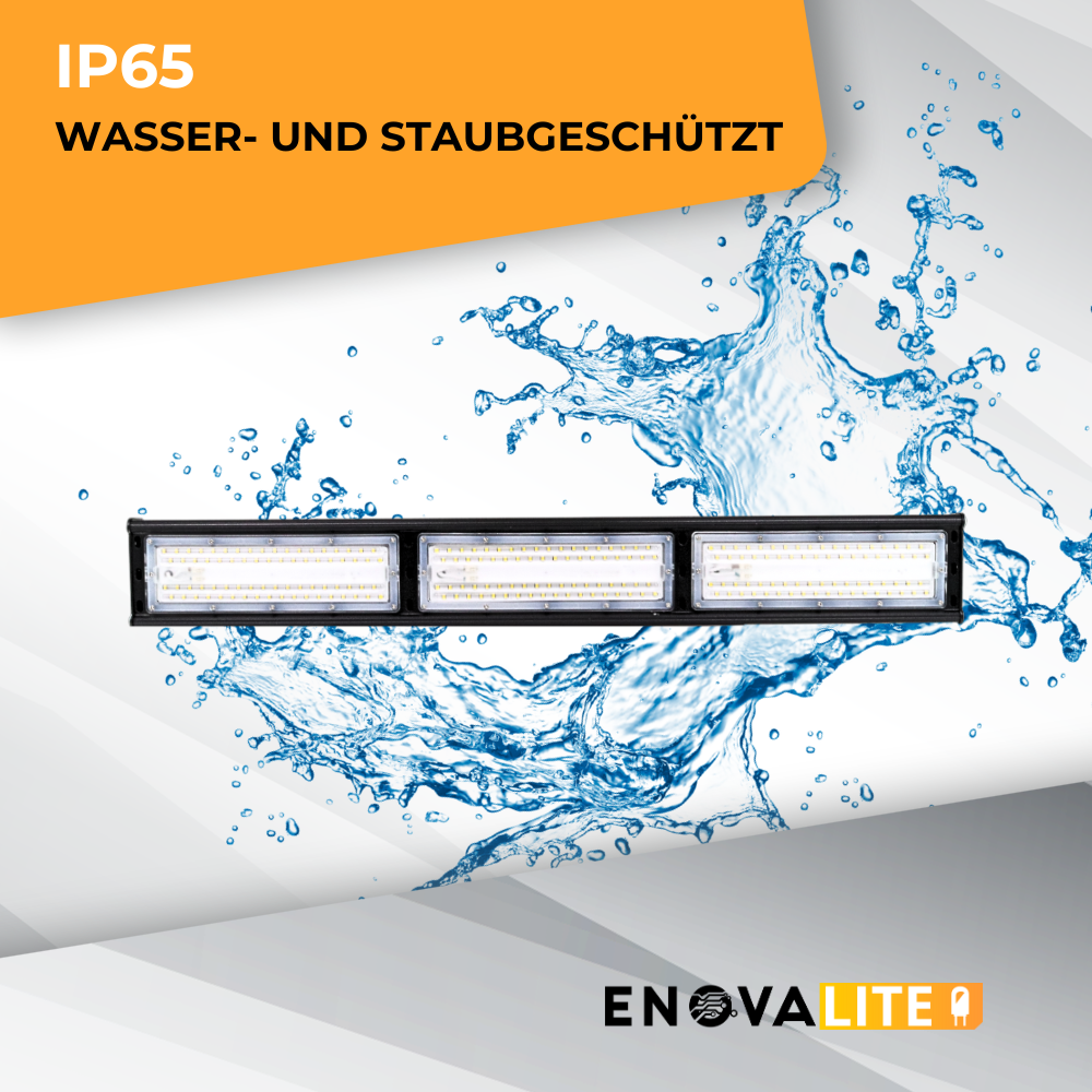 LED-Hallenleuchte, linear, 150 W, 18000 lm, 5000 K (neutralweiß), IP65, ENEC-Zertifizierung, schwarz.