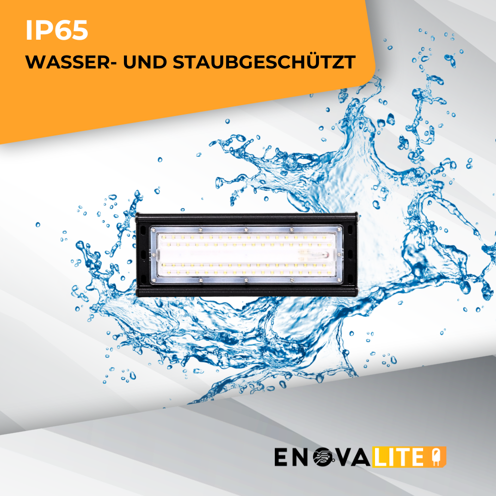 4er Pack LED-Hallenleuchte, linear, 50 W, 6000 lm, 5000 K (neutralweiß), IP65, ENEC-Zertifizierung, schwarz.