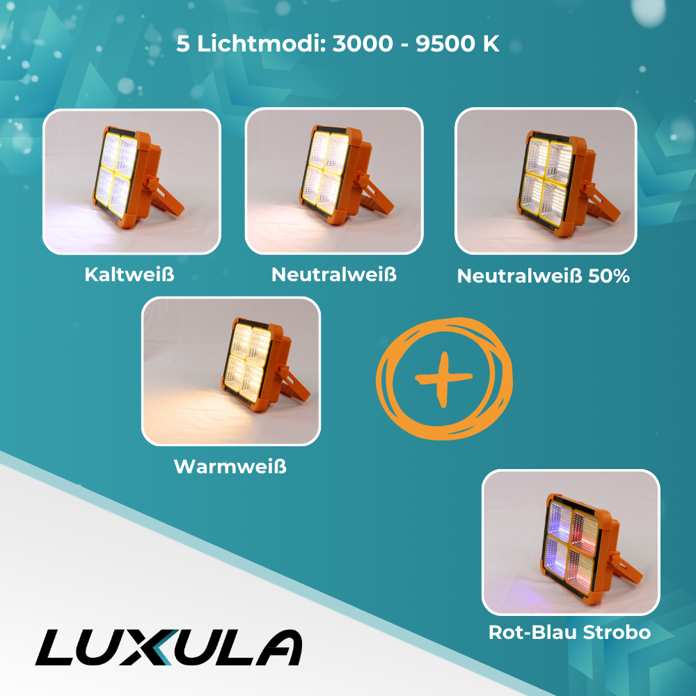 Solar Baustrahler mit Akku, CCT, 6 Std.Leuchtzeit, USB In- & Output, IP65, Magnet- & Hängefunktion.