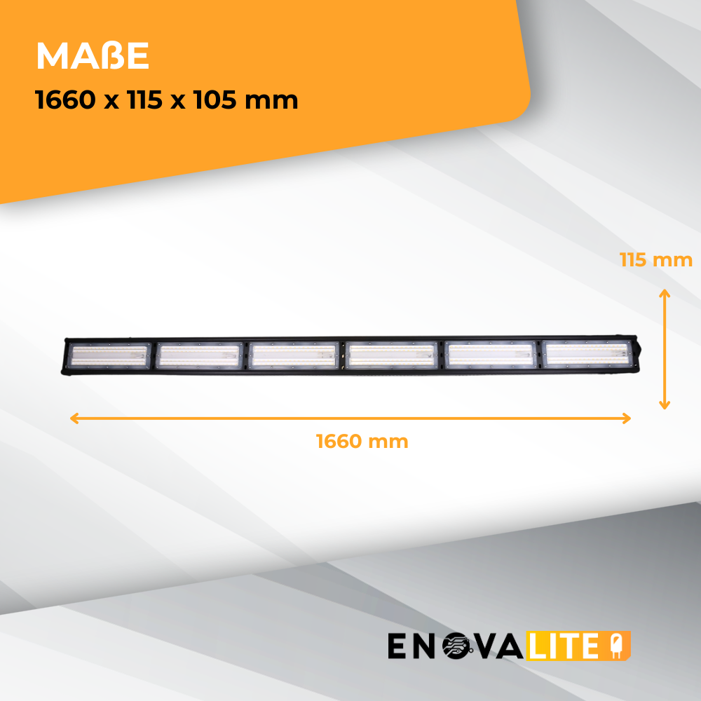 LED-Hallenleuchte, linear, 300 W, 36000 lm, 5000 K (neutralweiß), IP65, ENEC-Zertifizierung, schwarz.