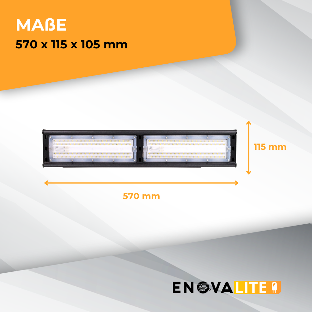 LED-Hallenleuchte, linear, 100 W, 12000 lm, 5000 K (neutralweiß), IP65, ENEC-Zertifizierung, schwarz.
