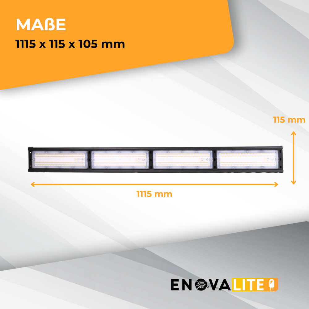 LED-Hallenleuchte, linear, 200 W, 24000 lm, 5000 K (neutralweiß), IP65, ENEC-Zertifizierung, schwarz.