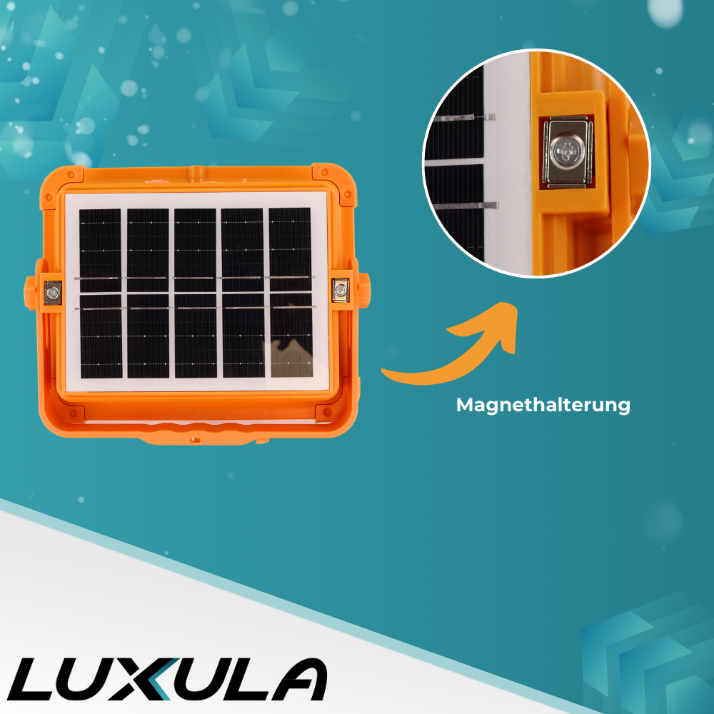 Solar Baustrahler mit Akku, CCT, 6 Std.Leuchtzeit, USB In- & Output, IP65, Magnet- & Hängefunktion.