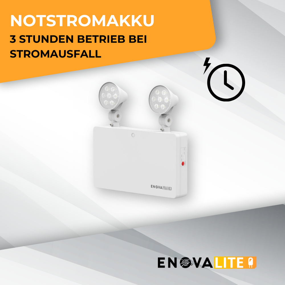 LED-Fluchtwegleuchte Twin-Spot 6W, Notausgang mit Notstromeinheit, TEST-Funktion, Wandmontage.