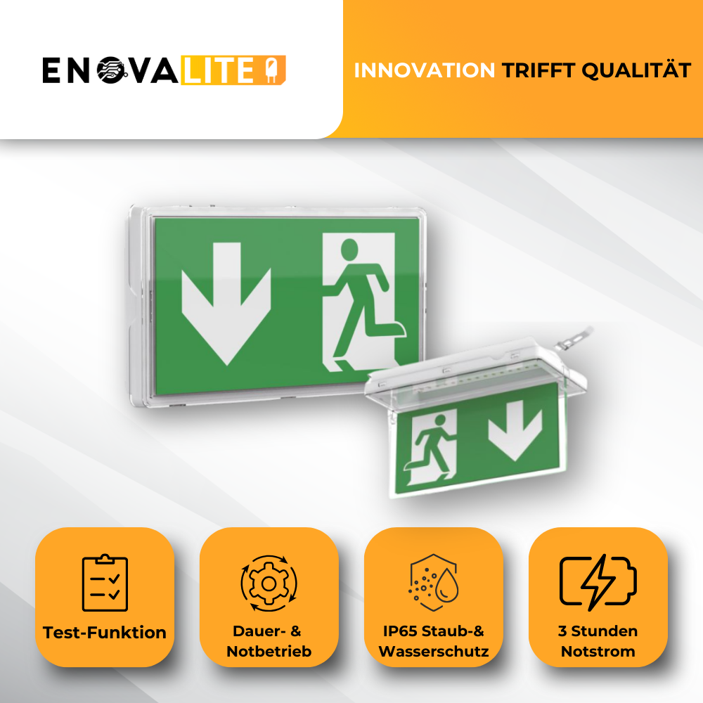 LED-Fluchtwegleuchte, Notausgang mit Notstromeinheit, TEST-Funktion, Wand- und Deckenmontage, Ein- und Aufbau, IP65.