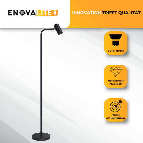 Schöne LED-Stehleuchte, schwarz, aus Aluminium, 1-flammig, GU10-Fassung, IP20.