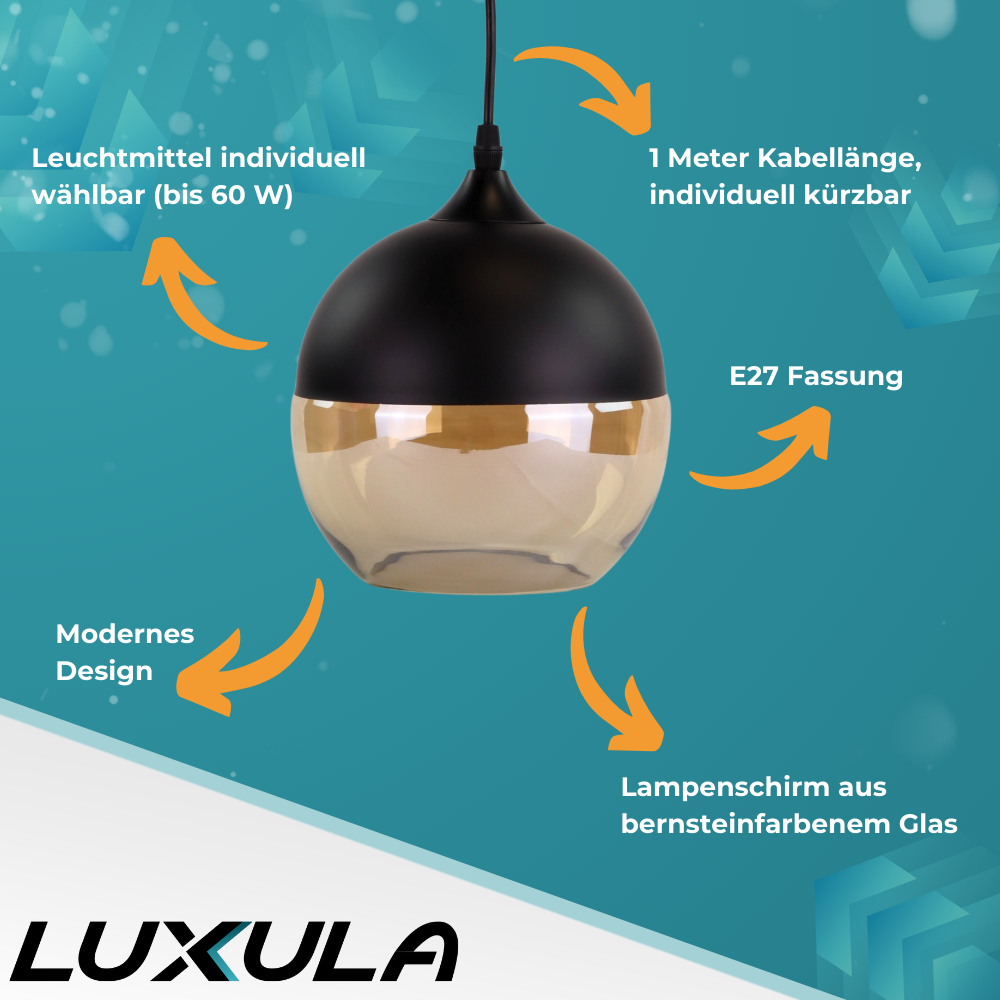 Elegante Pendelleuchte in schwarz, kugelförmig, aus Glas, E27-Fassung, IP20, Ø20 cm.
