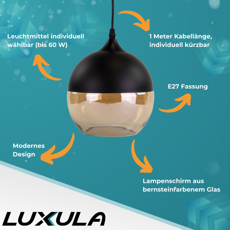 Elegante Pendelleuchte in schwarz, kugelförmig, aus Glas, E27-Fassung, IP20, Ø20 cm.