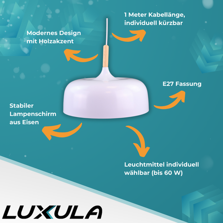 Moderne Pendelleuchte in weiß, runde Form, aus Metall, E27-Fassung, IP20, Ø30 cm.