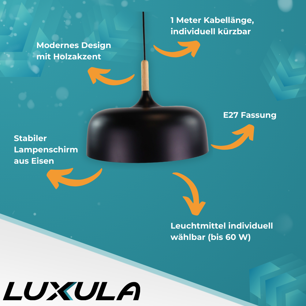 Moderne Pendelleuchte in schwarz, runde Form, aus Metall, E27-Fassung, IP20, Ø30 cm.