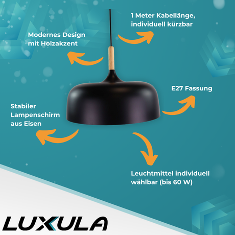 Moderne Pendelleuchte in schwarz, runde Form, aus Metall, E27-Fassung, IP20, Ø30 cm.