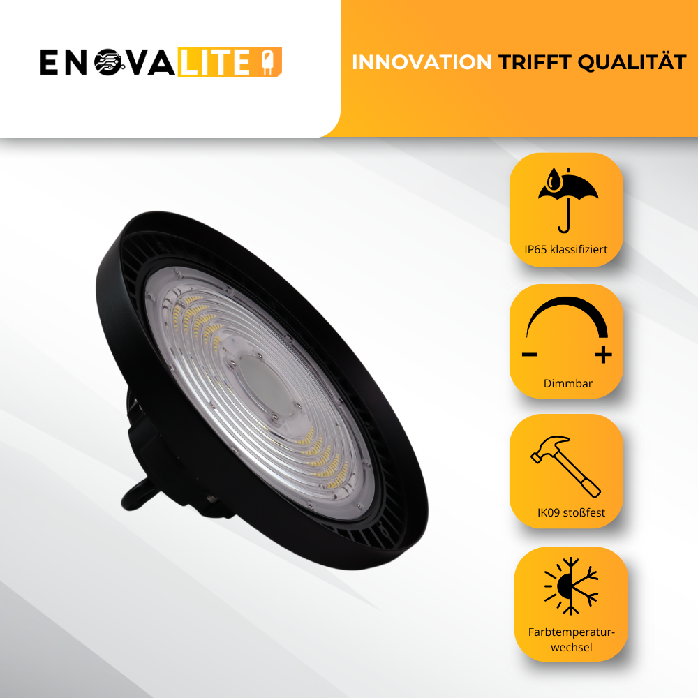 LED-HighBay, UFO, Leistung und Lichtfarbe einstellbar, 100/150/200 W, 3500-5500 K, 14000-28000 lm, IP65, LIFUD, 0-10V dimmbar, 9-in-1 Leuchte, energieeffizient.