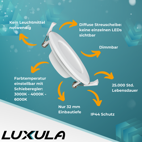 6er Set LED CCT Downlight, dimmbar, 24W, 2565 lm, ø240x32mm, 3000-4000-6000K einstellbar, mit Diffusor, IP44, rund.