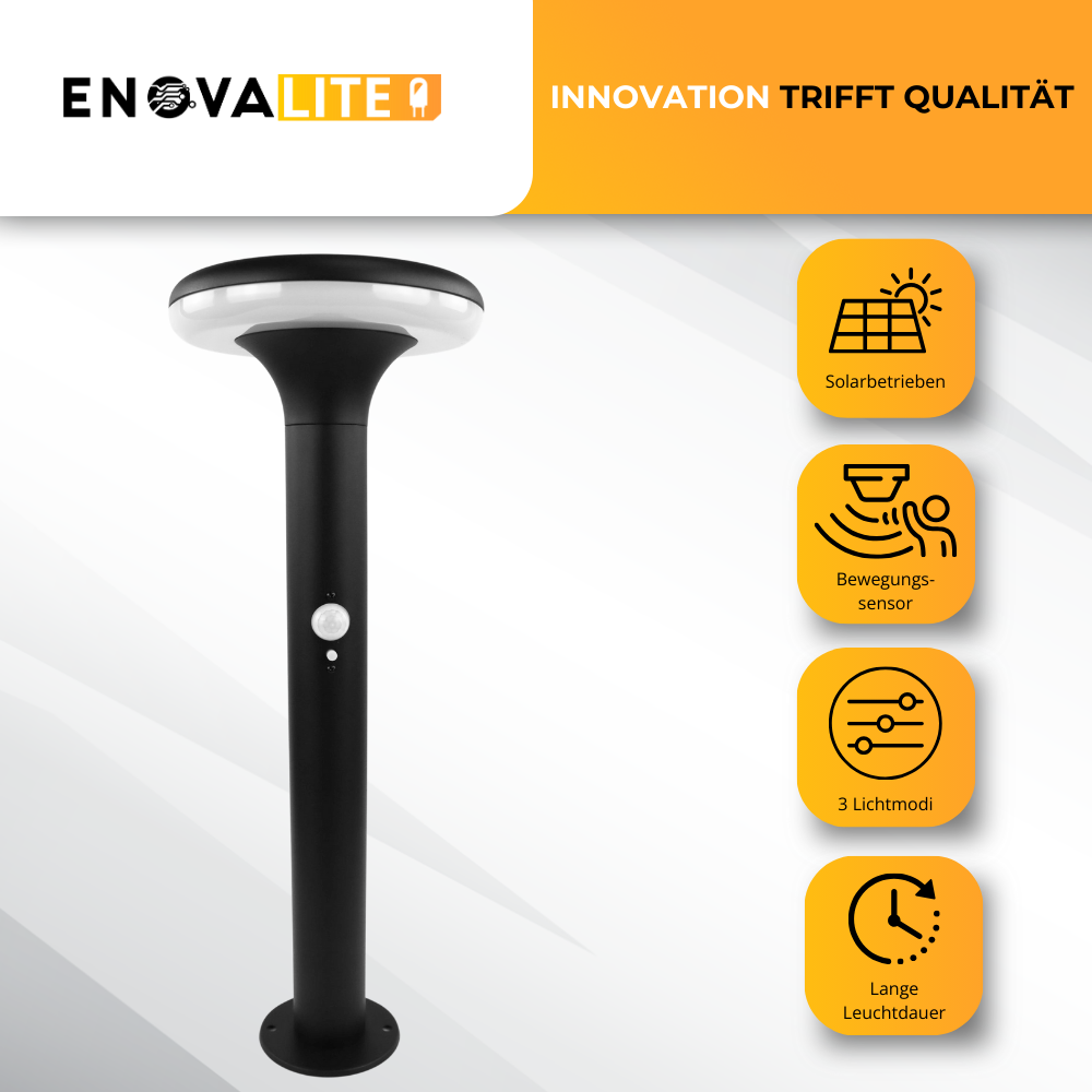 6er-Pack Solar Wegeleuchte mit PIR Sensor, rund, 3000 K (warmweiß), 12 Stunden Leuchtzeit, 3 Lichtmodi, IP54-Wasserdicht, aus Aluminium.