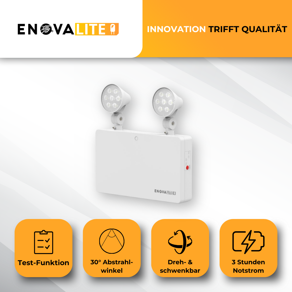 LED-Fluchtwegleuchte Twin-Spot 6W, Notausgang mit Notstromeinheit, TEST-Funktion, Wandmontage.