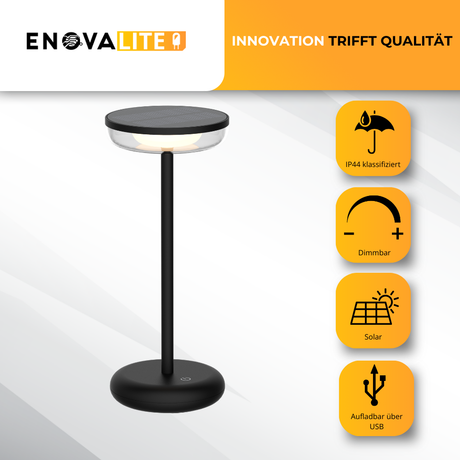 LED-Tischleuchte mit Akku, Solar- und Netzbetrieb, dimmbar, 2700 K (warmweiß), bis zu 48 h Leuchtzeit, IP44, wiederaufladbar, USB-C, In- und Outdoor.