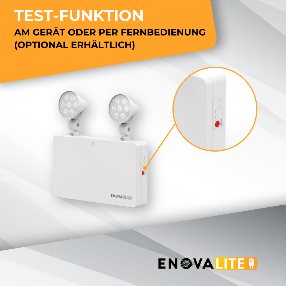 LED-Fluchtwegleuchte Twin-Spot 3W mit Fernbedienung, Notausgang mit Notstromeinheit, TEST-Funktion, Wandmontage.