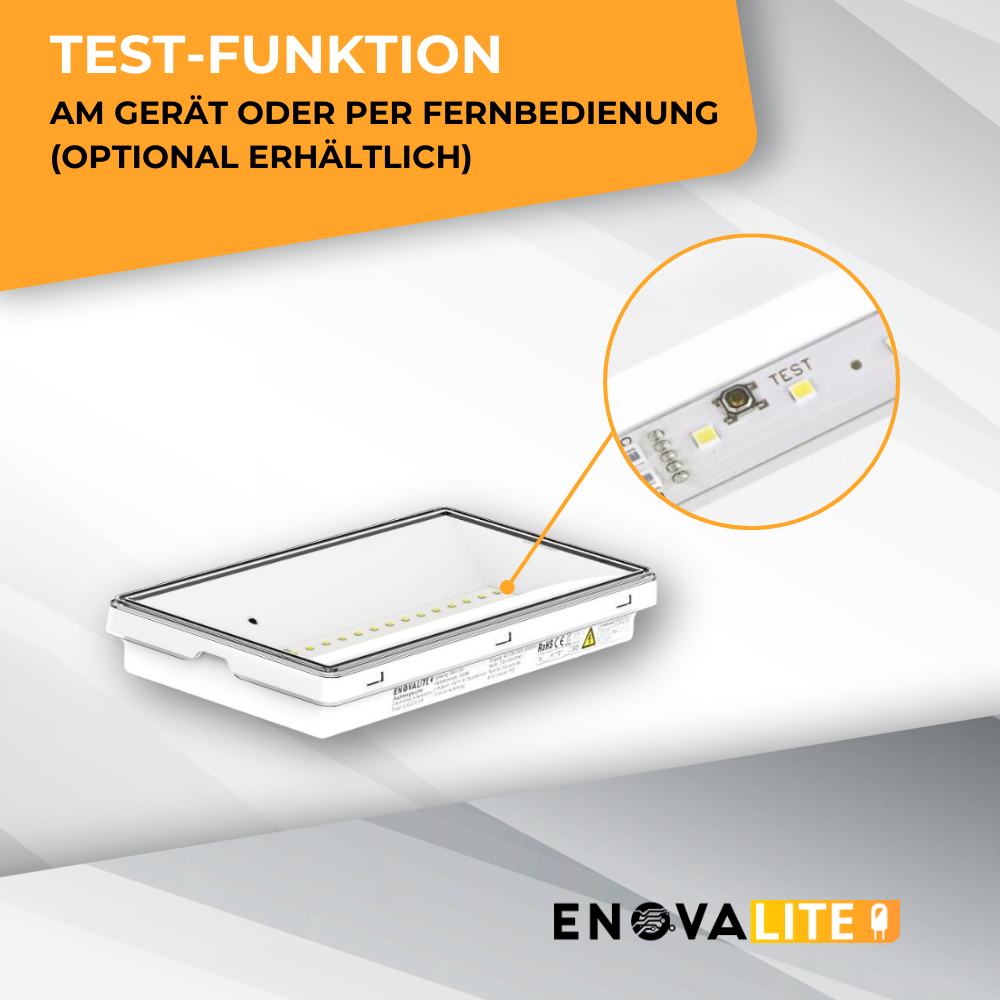 LED-Fluchtwegleuchte mit Fernbedienung, Notausgang mit Notstromeinheit, TEST-Funktion, Wandmontage, Ein- und Aufbau, IP65.