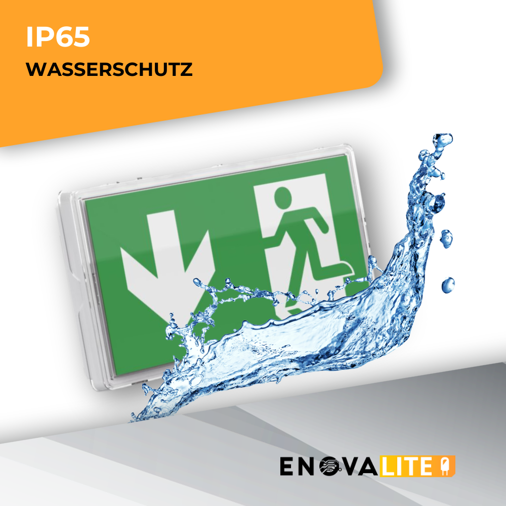 LED-Fluchtwegleuchte, Notausgang mit Notstromeinheit, TEST-Funktion, Wand- und Deckenmontage, Ein- und Aufbau, IP65.