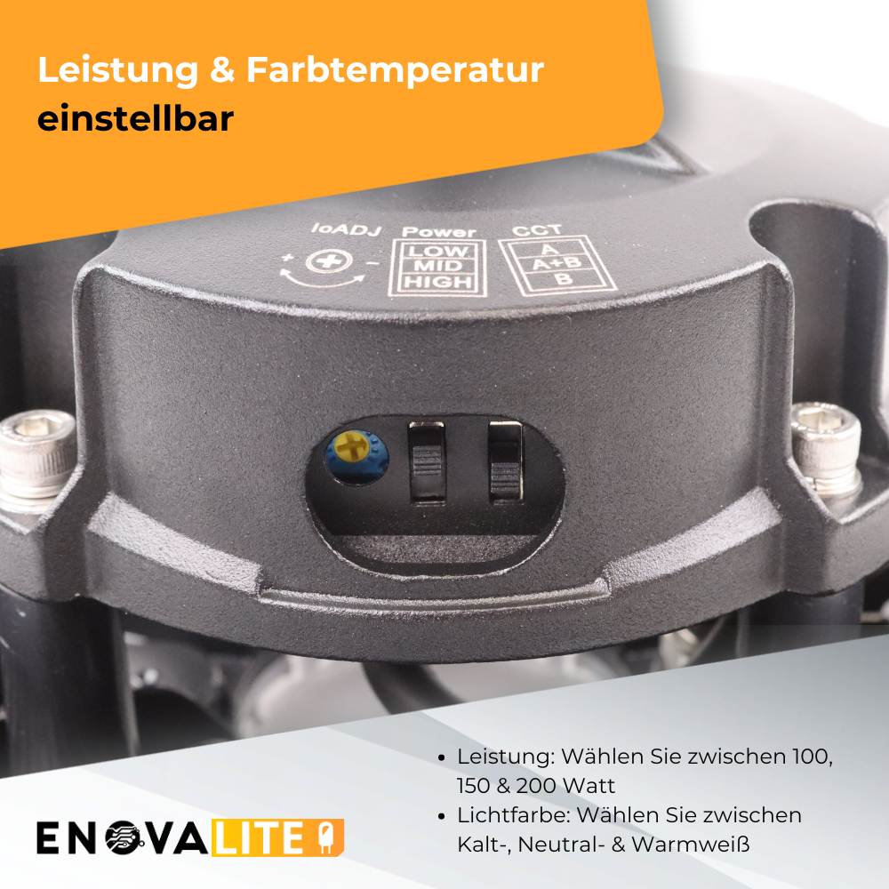 LED-HighBay, UFO, Leistung und Lichtfarbe einstellbar, 100/150/200 W, 3500-5500 K, 14000-28000 lm, IP65, LIFUD, 0-10V dimmbar, 9-in-1 Leuchte, energieeffizient.