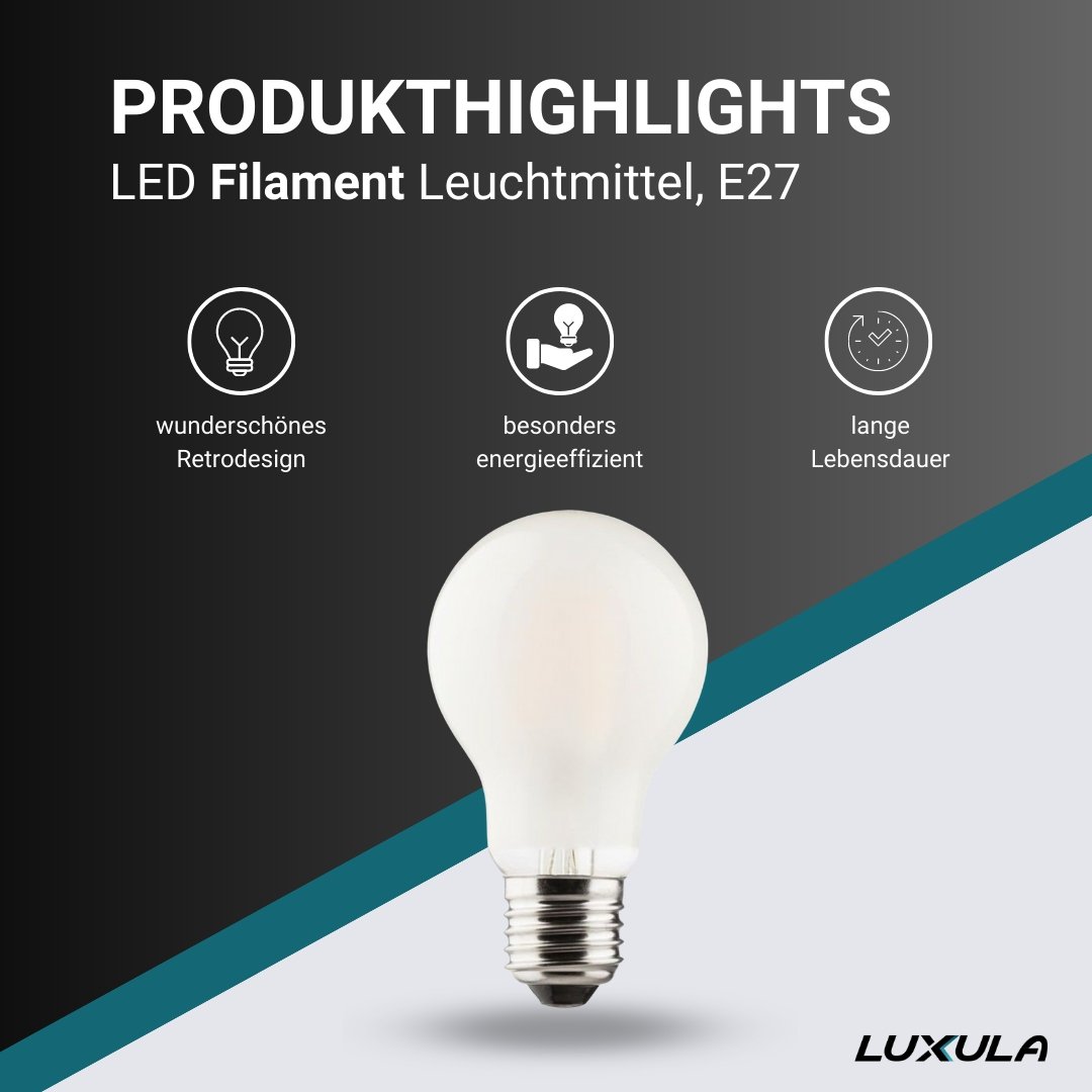 10er Pack LED Filament Leuchtmittel E27, A60, 7W, 700lm, 2700K, frosted Glas.