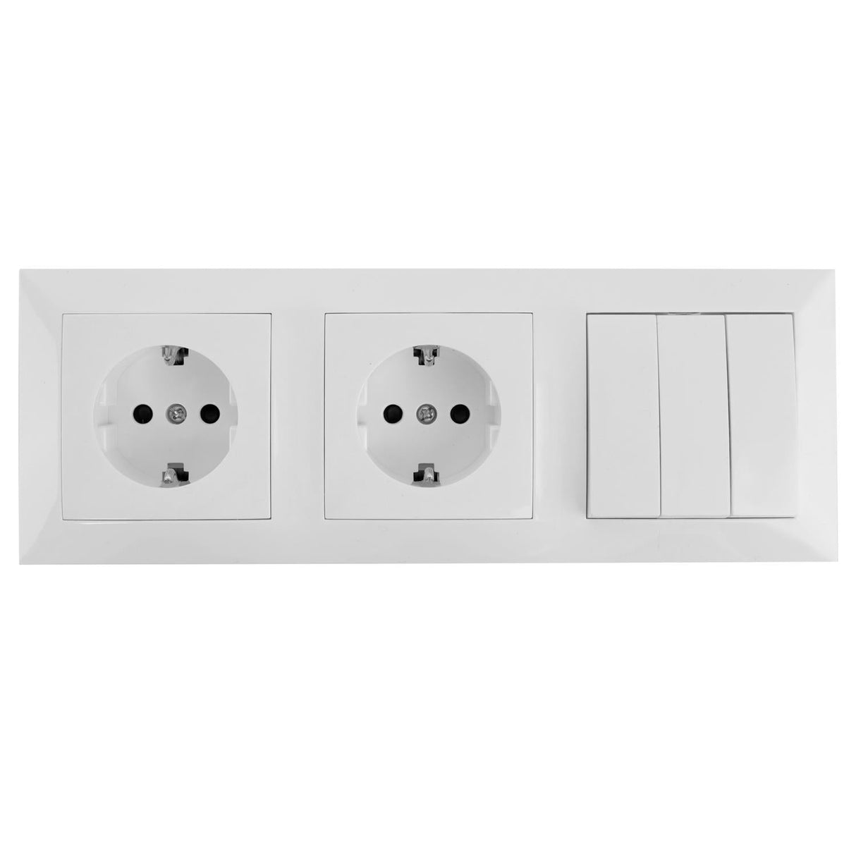 2 x Schutzkontakt-Steckdosen mit 3 x Aus- Wechselschaltern, 16 A, 250 V, weiß.