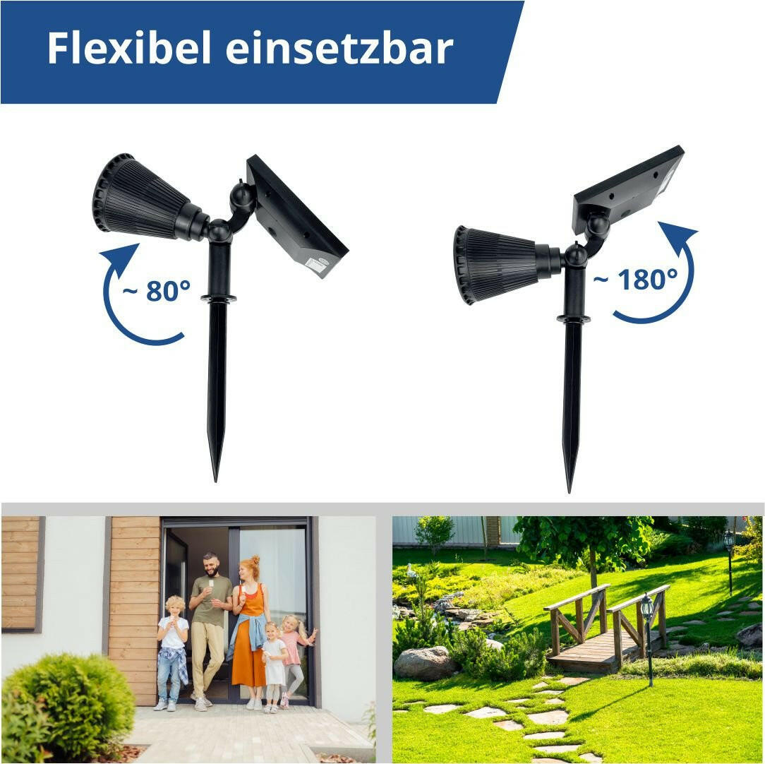 2er-Pack LED Solar-Gartenspot, mit Spieß, 1,5 W, 6000 K, schwarz.