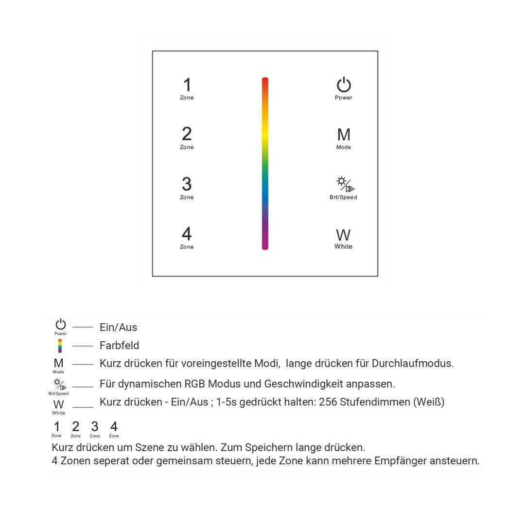4 Zonen Touch Fernbedienung für RBG/RGBW LED-Streifen, Wandmontage.