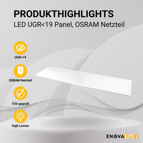5er Pack LED Panel, 120x30 cm, 36 W, 4320 lm, 4000 K, UGR<19, OSRAM-Driver, TÜV-zertifiziert  Lichttechnik24.de.