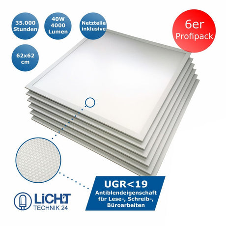 6er-Pack LED-Panel, 45 W, 62x62 cm, UGR19, 25000 h, 4500 K.
