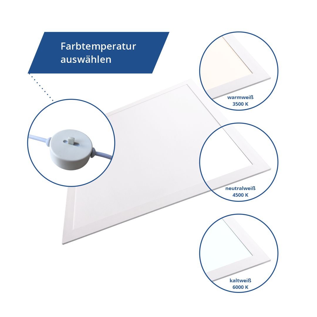 6er-Pack LED-Panel mit Farbtemperaturwechsel CCT, 62x62 cm, Back-lit, 40W, 4600 lm, weiß.