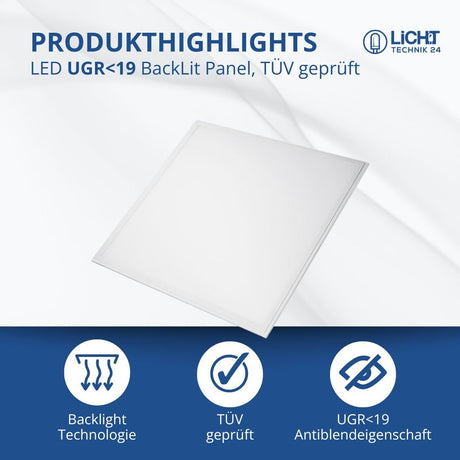 6er Pack LED-Panels, 62x62 cm, UGR19, TÜV, 4000 K, 36 W, 3600 lm  Lichttechnik24.de.