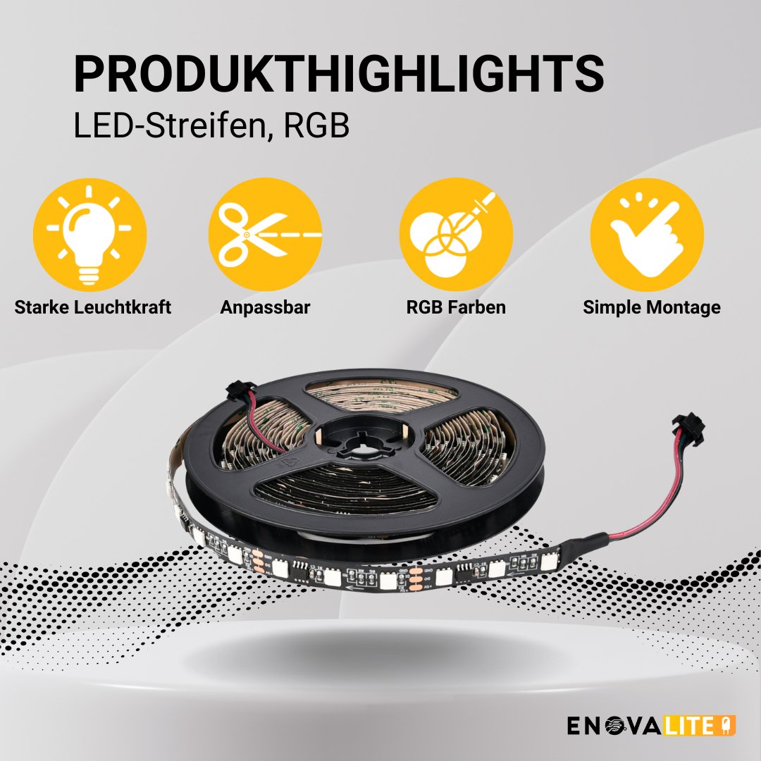 Digitaler LED-Streifen in RGB Farben, 5 Meter Länge, 60LED/m, 5 V, 10 mm, WS2812b.