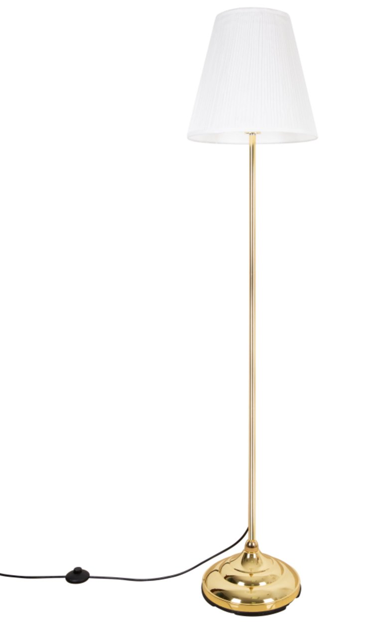 Edle Stehleuchte mit goldenem Fuß und raffiniertem Stoffschirm, 164 cm hoch.