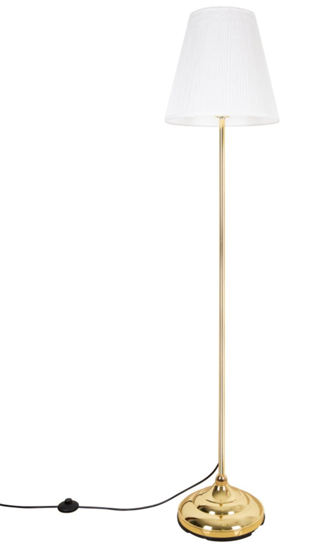 Edle Stehleuchte mit goldenem Fuß und raffiniertem Stoffschirm, 164 cm hoch.