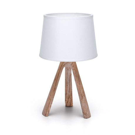 Exklusive Harzdekor-Tischlampe mit braunem Lampenfuß und weißem Stoffschirm.