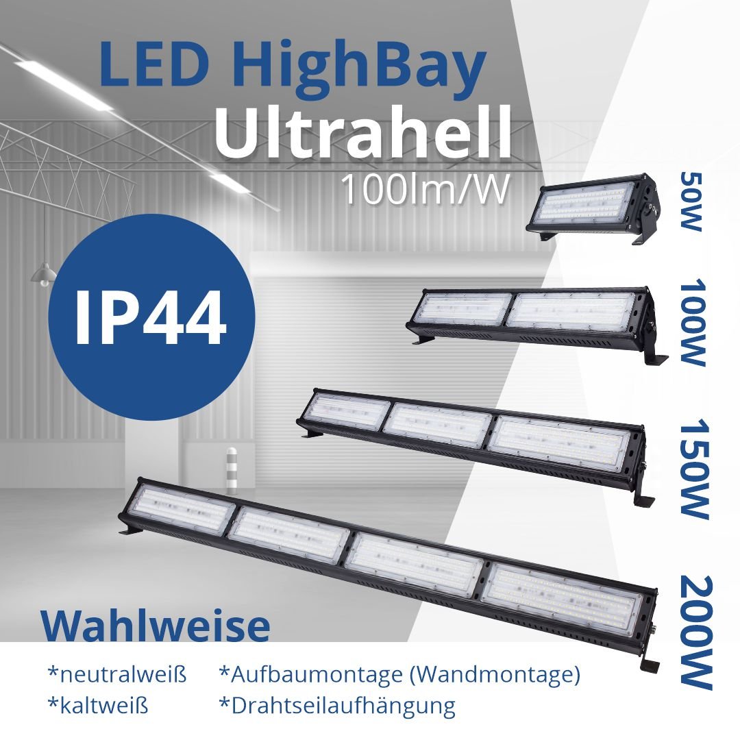 HighBay, linear, 150 W, 15000 lm, Hallenleuchte, IP44, 6000 K  Lichttechnik24.de.