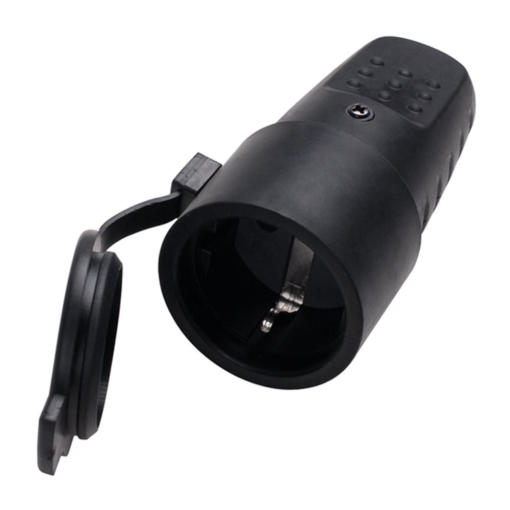 Kabelbuchse mit Abdeckung, 250 V, 16 A, Kindersicherung, IP44, schwarz.