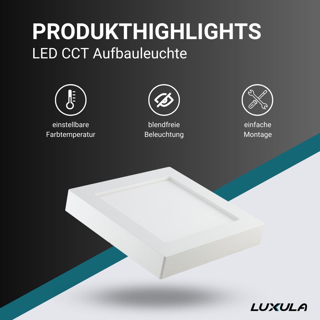LED CCT Aufbauleuchte, 12W, 1190  lm, 172x35mm, 3000-4000-6000K einstellbar, mit Diffusor, eckig.