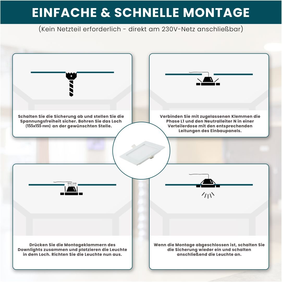 LED CCT Downlight, 12W, 1190 lm, 165x32mm, 3000-4000-6000K einstellbar, mit Diffusor, eckig  Lichttechnik24.de.