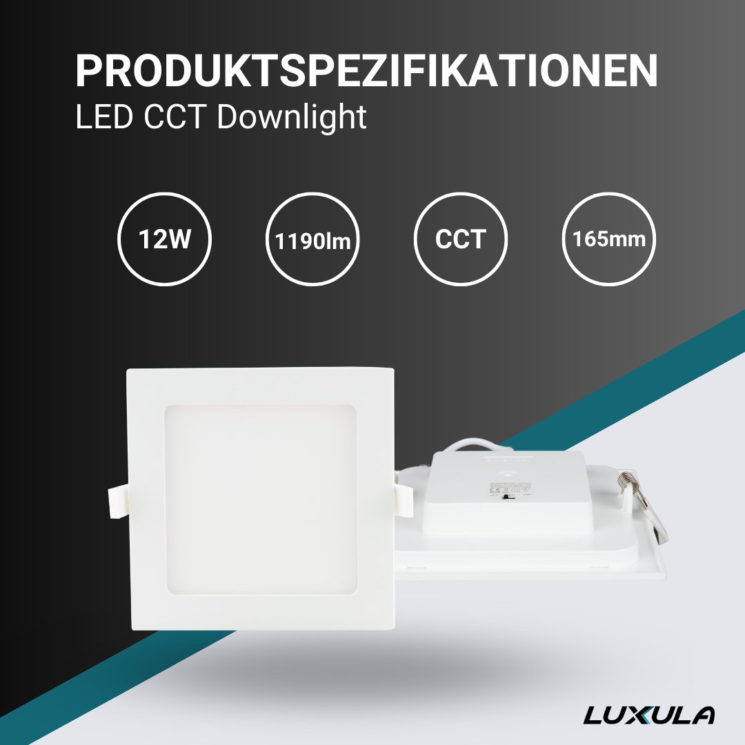 LED CCT Downlight, 12W, 1190 lm, 165x32mm, 3000-4000-6000K einstellbar, mit Diffusor, eckig  Lichttechnik24.de.