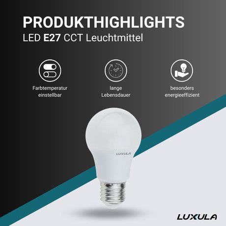 LED CCT Leuchtmittel E27, A60, 9W, 840lm, 3000-4500-6500K.