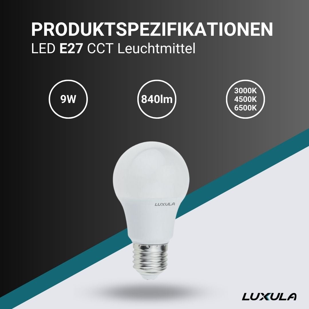 LED CCT Leuchtmittel E27, A60, 9W, 840lm, 3000-4500-6500K.