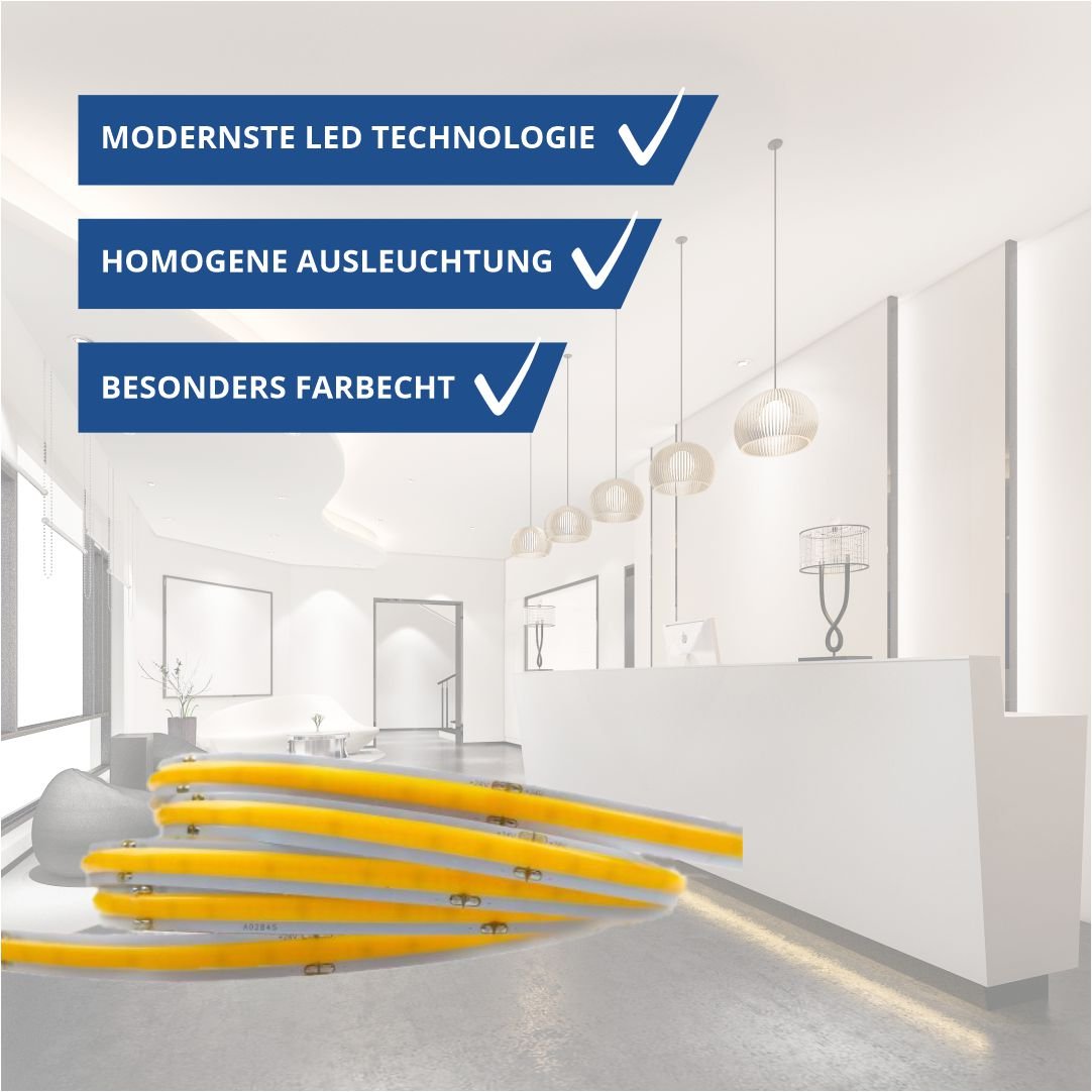 LED COB Leuchtstreifen mit 320 LEDs/m, 10 W/m, 900 lm/m, Ra: >90, 3000K, 5 m.