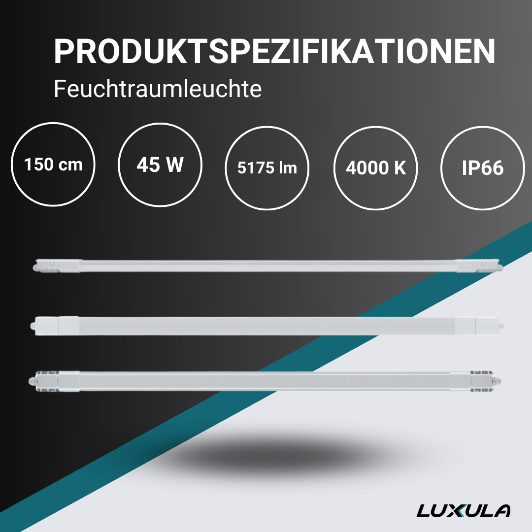 LED Feuchtraumleuchte, 150 cm, 45 W, 5175  lm, 4000 K (neutralweiß), IP66, durchschleifbar, Fast Connector.